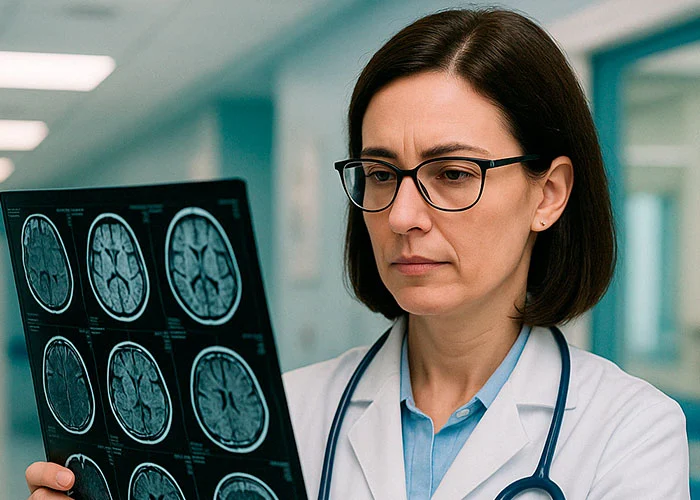 Profesional revisando imágenes del cerebro